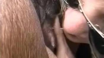 Brown-haired hottie eating a mare's pussy in the woods