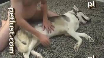 Dude with a beautiful body deepthroats a dog's dick