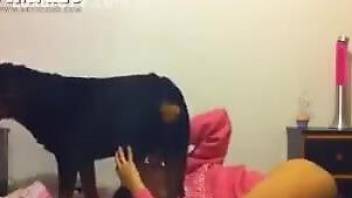 Brunette deepthroats a dog's dick for the camera