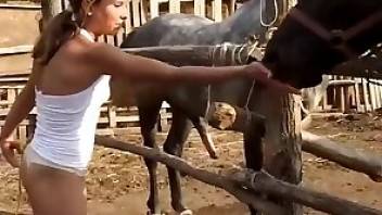 Ponytailed lady enjoying beastiality oral here