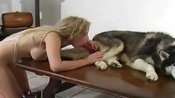 slim girl fucks with dog and sucks doggy cock